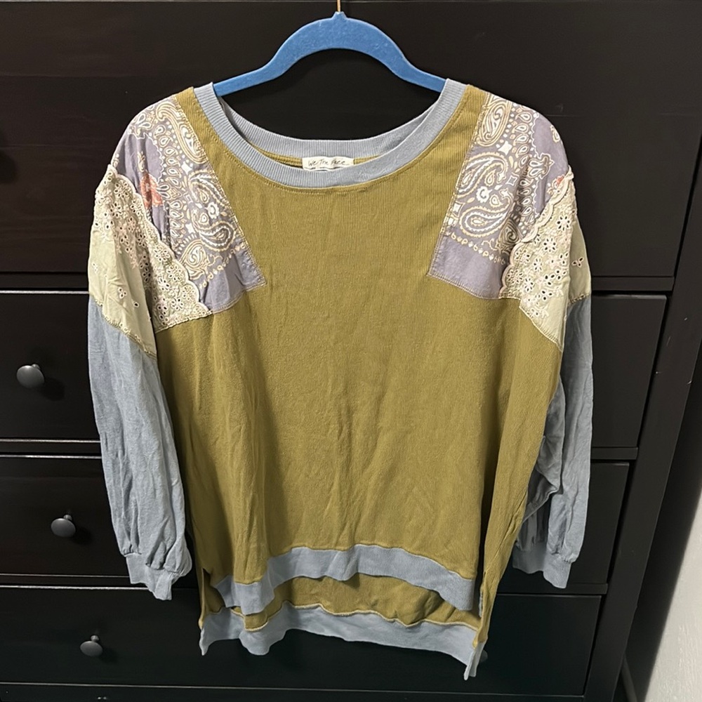 We The Free Olive And Gray Patchwork Top - image 1